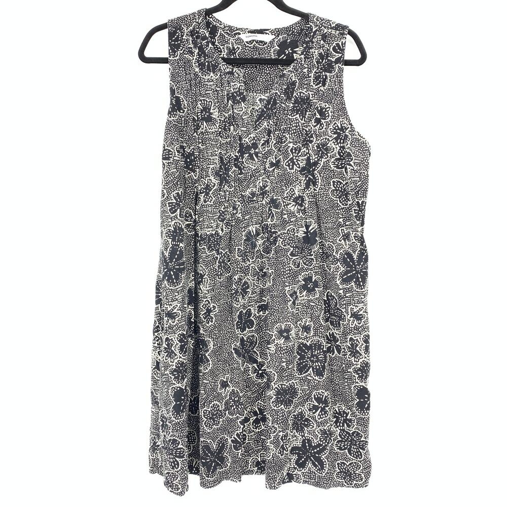 Sonoma Womens Shirred Bust A-Line Dress Size L Black White Floral Linen